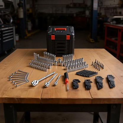 VEVOR Mechanics Tool Set, 256-Piece Mechanic Tool Kit, 1/4 in, 3/8 in, and 1/2 in Drive, SAE and Metric Socket Set, Wrenches, Screwdriver Bits, Accessories, and Storage Case, for Automotive Repair - size: 256-PCS