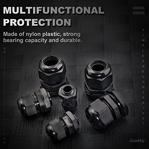 60 Pack Cable Glands Waterproof Adjustable 7/64”-5/8” (3mm-16mm), Black Nylon Joints with Gaskets, Cable Strain Relief Cord Connector Kit, Pg 7, Pg 9, Pg11, Pg 13.5, Pg16, Pg19