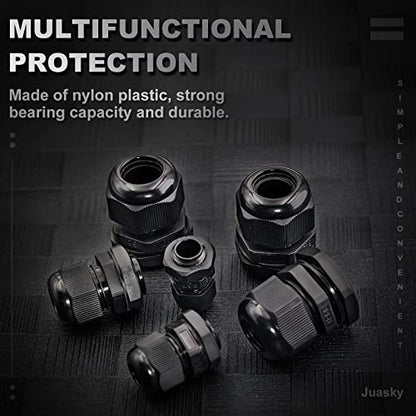 60 Pack Cable Glands Waterproof Adjustable 7/64”-5/8” (3mm-16mm), Black Nylon Joints with Gaskets, Cable Strain Relief Cord Connector Kit, Pg 7, Pg 9, Pg11, Pg 13.5, Pg16, Pg19