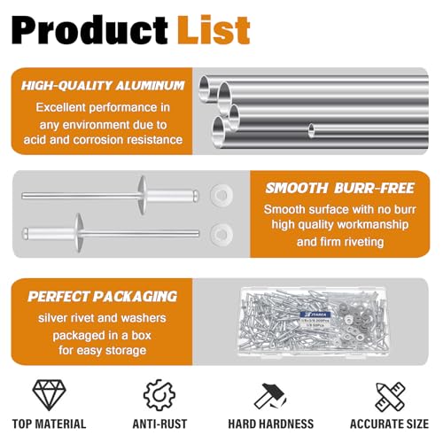 250pcs 1/8" x 3/8" Silver Aluminum Pop Rivets with Stainless Steel Washers 3.2 x 10mm Blind Rivet Assortment Kit - size: 1/8*3/8