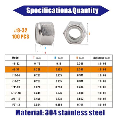 #8-32 Lock Nut, 100Pcs 304 Stainless Steel Nylock Insert Locking Nuts - size: #8-32 (100 pcs)