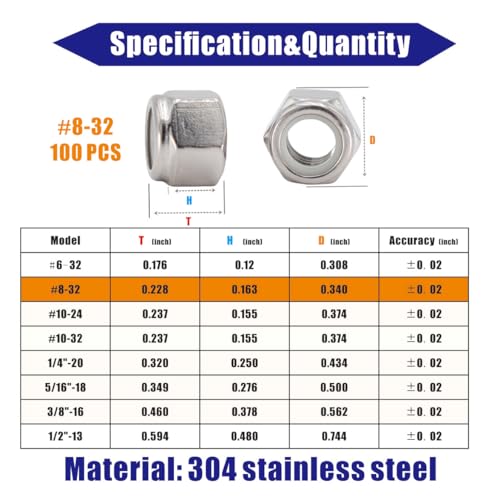 #8-32 Lock Nut, 100Pcs 304 Stainless Steel Nylock Insert Locking Nuts - size: #8-32 (100 pcs)