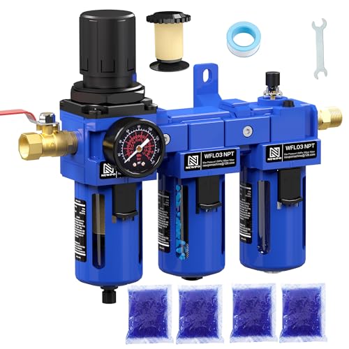 NEWPO 3/8" NPT Air Compressor Water Separator-Air Filter Regulator Lubricator Combo, Water/Oil Trap Separator,Brass Filter & Desiccant Dryers,Semi-Auto Drain,Metal Bracket-Blue - color: 1 Filter+1 Dryer, size: 3/8" NPT