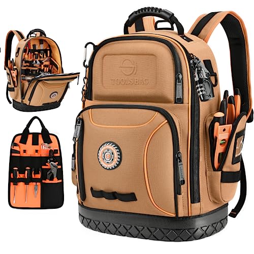 LOKASS 18.1-Inch Heavy-Duty Tool Backpack, 75 Pockets, Brown - color: Brown