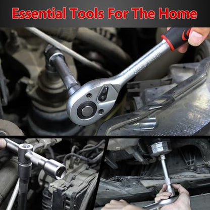 XHTT 94 Piece Tools For Mechanics,Metric And Standard 1/4,1/2 Socket Set,And Ratchet Set,Universal Joint,Extension Bars And Quick Release Reversible Ratchet Wrench,Plastic Toolbox Storage.