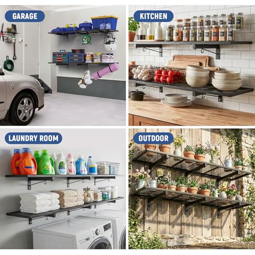2 Pack Garage Wall Shelf, Heavy Duty Garage Shelving, 46"X 12.5" Wall Mounted Floating Shelves, Metal Hanging Storage Rack with 8 Hooks, Utility Organizer Max Load 320 LBS for Laundry Room, Workshop - size: B-2 PACK