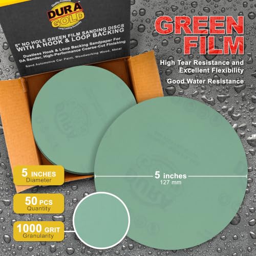 Dura-Gold 5" Green Film Sanding Discs, 1000 Grit, Box of 50, Hook & Loop - size: 1000-Grit