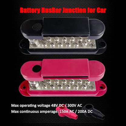 Ampper 1/4" Stud Power Distribution Block Bus Bar with 12 x #8 Screw, R & B - color: Red & Black, size: Plated Brass
