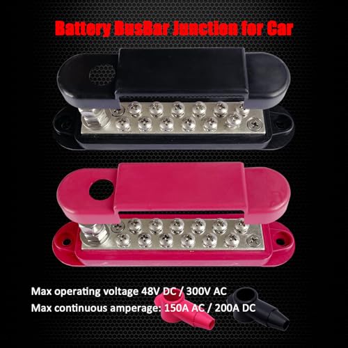 Ampper 1/4" Stud Power Distribution Block Bus Bar with 12 x #8 Screw, R & B - color: Red & Black, size: Plated Brass