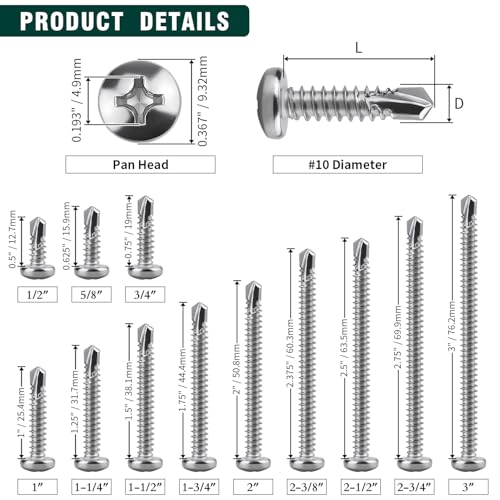 #10 x 1 Pan Head Self Drilling Screws, Phillips Drive, 410 Stainless Steel Sheet Metal Screws,Self Tapping, Dovetail, Pack of 100 - size: #10 x 1"