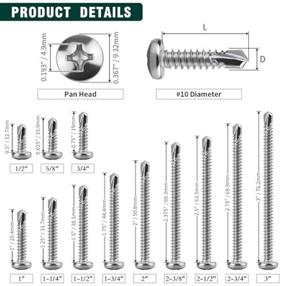 #10 x 1 Pan Head Self Drilling Screws, Phillips Drive, 410 Stainless Steel Sheet Metal Screws,Self Tapping, Dovetail, Pack of 100 - size: #10 x 1"