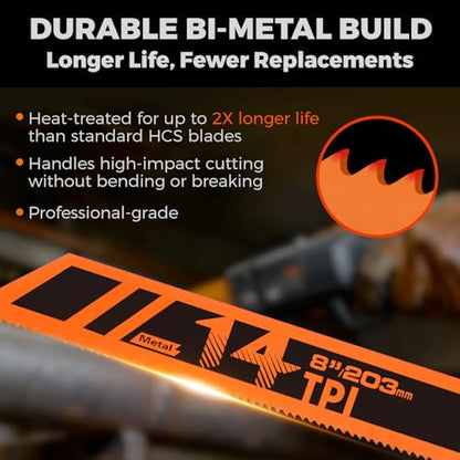 HORUSDY 10-Piece Reciprocating Saw Blades Set with Storage Case, 6" 8" & 9" Wood & Metal Cutting Blades, Bi-Metal and High Carbon Steel Saw Blades for Fast, Clean, and Durable Cutting - style: 10-Pc 6", 8", 9" Bi-Metal Mix