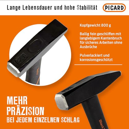 Picard Riveting Hammer BlackTec 800g – German Pattern, Cross Peen, Alloy Steel Head, Black Powder Coated, Low Vibration, Fiberglass Core Handle, Rubber Grip – 0032700-0800 - size: 800g