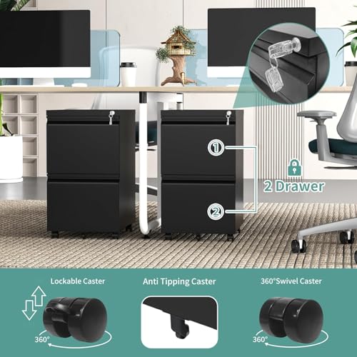 Guizeeopo 2 Drawer Locking File Cabinet, Fully Assembled Heavy-Duty Metal Filing Cabinets for Home Office, Quiet Slides, Anti-Tipping Wheels, Fits A4/Letter/Legal, Matte Black - color: 04-b Black