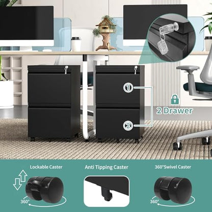 Guizeeopo 2 Drawer Locking File Cabinet, Fully Assembled Heavy-Duty Metal Filing Cabinets for Home Office, Quiet Slides, Anti-Tipping Wheels, Fits A4/Letter/Legal, Matte Black - color: 04-b Black