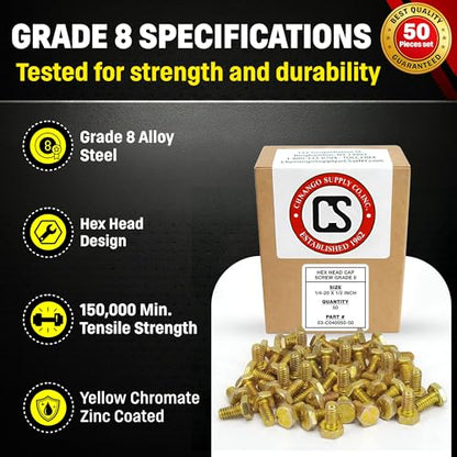 Chenango Supply 1/4-20 x 1/2" Grade 8 Hex Head Bolts - size: 1/4-20x1/2 50pcs