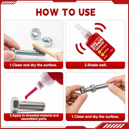 4 Pack 272 Red Thread Locker, High Strength Anaerobic Threadlocker Permanent Locking Seal Metal Glue for Nuts Bolts Fasteners, 50 ml Bottle