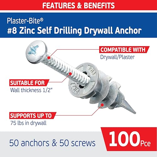 Self Drilling Drywall Anchors Zinc with Drywall Screws (50 Metal Anchors & 50 Screws) – Heavy Duty Plaster/Hollow Wall Anchors for Drywall Kit – 3/8", 1/2", 5/8" – 75 lbs Holding Strength