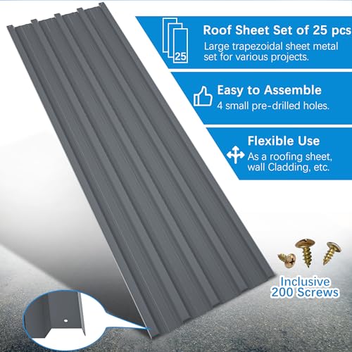 Metal Roof Panels 25 Pcs Gray Roofing Panels Galvanized Steel with Screw Resistant,Versatile and Durable Suitable for Garages,Sheds, Stables and Mobile Homes 176.5 sq.ft - color: Gray, size: 25 pcs/L60.63"