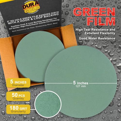 Dura-Gold 5" Green Film Sanding Discs, 180 Grit, Box of 50, Hook & Loop - size: 180-Grit
