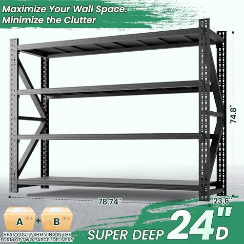 4-Tier Heavy Duty Garage Shelving,Industrial Shelving for Maximum Capacity,Garage Storage Racks Heavy Duty Steel Shelves,Ultra-Wide Metal Rack for 3‑Car Garages,Warehouses - size: 24"D*79"W*75"H