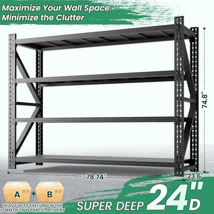 4-Tier Heavy Duty Garage Shelving,Industrial Shelving for Maximum Capacity,Garage Storage Racks Heavy Duty Steel Shelves,Ultra-Wide Metal Rack for 3‑Car Garages,Warehouses - size: 24"D*79"W*75"H