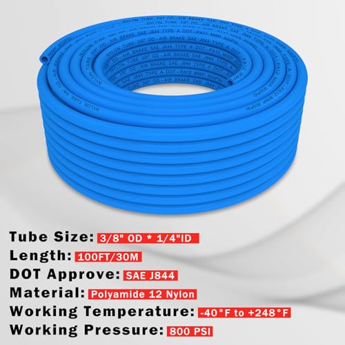 CheeMuii 100FT 3/8" DOT Air Line 3/8 Air Hose PA12 Nylon Pneumatic Tubing - color: Blue, size: 3/8"OD-100FT