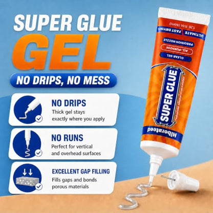 Super Glue Gel, 50g (1.76 oz) Clear Non-Drip Adhesive with Precision Tip