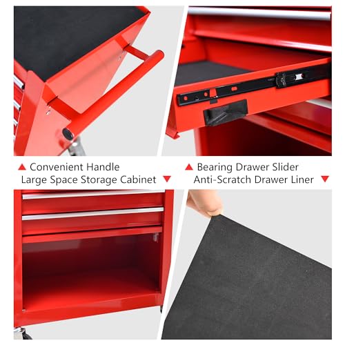 Red 4-Drawer Tool Cart w/Ball Bearing Drawers & Locking Casters - OSHA Industrial Rolling Cabinet, Powder-Coated Steel Garage Organizer w/Utility Tray - color: Red, size: 24.25 x 13 x 29.33