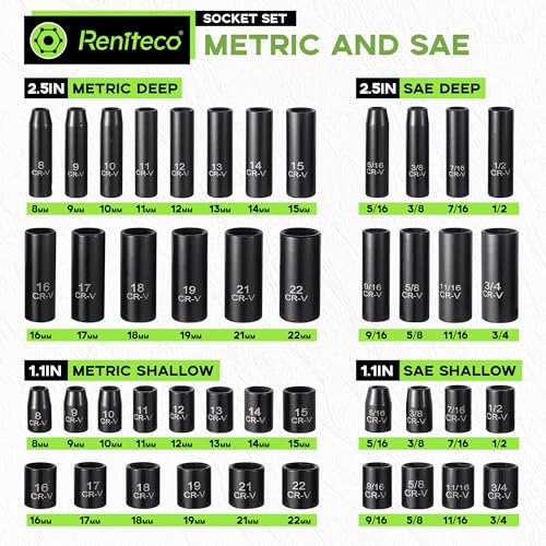 Reniteco 56-Piece 3/8" Drive Socket Set, SAE 5/16"-3/4", Metric 8-22mm, Cr-V - size: 3/8"-56 PCS