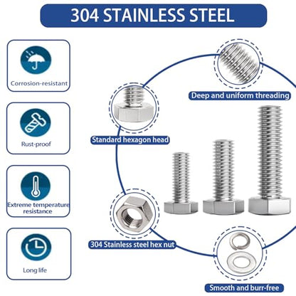 3/8-16 x1-1/2 Hex Head Screw Bolt(20 PCS), Lock Nuts,Flat & Lock Washers Kits, 304 Stainless Steel 18-8,Fully Threaded. - size: 3/8-16 x 1-1/2"