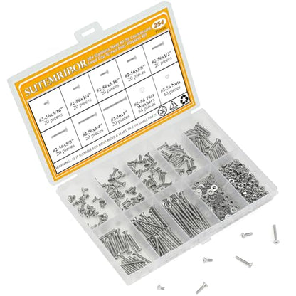 254 Pieces #2-56 x 3/16", 1/4", 5/16", 3/8", 1/2", 5/8", 3/4", 1", Countersunk Head Socket Cap Screws Nuts Washers Assortment Kit - size: #2-56, style: Countersunk Head Socket Cap