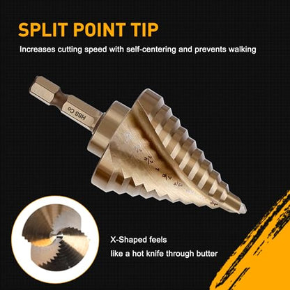 6PC Cobalt Step Drill Bit Set, Hex Shank Step Drill with Two Spiral Flutes and Automatic Center Punch for Metal, Stainless Steel, Aluminum, Wood, and Plastic with Aluminum Case, 50 Sizes - style: M35-6PC