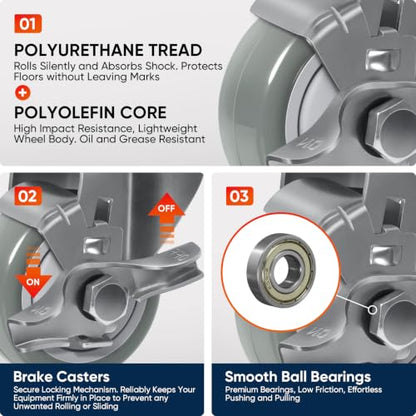3" Casters Set of 4, Threaded Stem 1/2"-13 UNC 1", 2 Swivel 2 Brake - size: 3 Inch-Stem