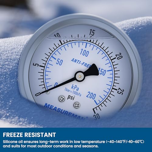 MEASUREMAN 2-1/2 Inch Low Pressure Gauge, 0-30 PSI, Silicone Oil Filled, All-Weather Antifreeze, Stainless Steel Case, 1/4 NPT Lower Mount - size: 0-30 PSI