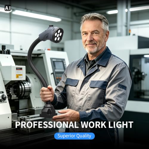 LED Work Light, Dimmable 220–1980 Lumens, Adjustable Machine Lamp 20‑Inch Flexible Gooseneck with Screw‑Mount Base – for Workshop, Lathe, Sewing, Grill, and Industrial Lighting, Gray