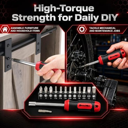 DuraMax Socket Set, 54-Piece Mechanic Tool Set with 1/4 & 3/8 Inch Drive SAE & Metric Sockets, Ratchet Wrench, Torx & Hex Bit Set, Extension Bar, Adapter and Storage Case