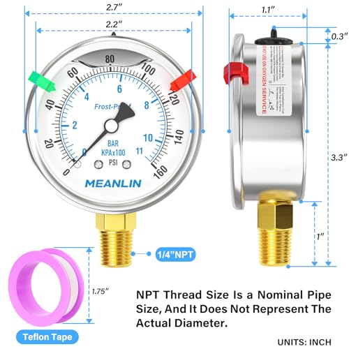 MEANLIN MEASURE 0~160Psi Stainless Steel Liquid Filled Pressure Gauge 1/4" NPT 2.5" FACE DIAL Silicone Oil Filled, WOG Water Oil Air Lower Mount (with 2PCS Snaps) - size: 0-160Psi