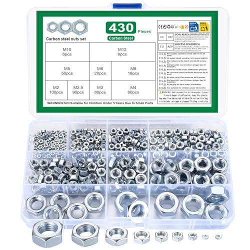 Metric Hex Nuts Assortment Kit, 430 Pcs Stainless Steel Hex Nuts Set, Hex Hardware Nuts, Coarse Thread Hexagon Nuts for Screw Bolts, M2 M2.5 M3 M4 M5 M6 M8 M10 M12