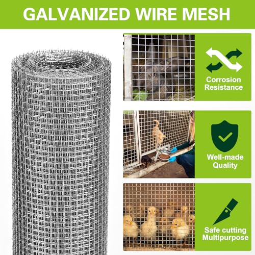 Hardware Cloth 12" x 20', 1/8" 27 Gauge Galvanized Wire Mesh Roll, Welded Metal Screen for Chicken Coops, Poultry Fencing, Animal Cages, Garden Barriers, DIY Craft Projects - size: 1/8" 27ga 12in x 20ft
