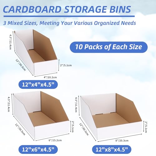 ZBEIVAN Cardboard Storage Bins Boxes 30 Packs, Easy Assembly Pantry Organizer Bins for Shelf, White (12x4x4.5, 12x6x4.5, 12x8x4.5 Inches) - color: White, size: Mixed size