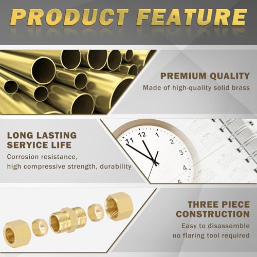 1/2 Inch Compression Fitting,10 Pcs Brass Compression Tube Pipe Fittings, 1/2" OD X 1/2" OD Compression Union Connectors & 10 Pcs Sleeves Ferrules (Pack of 20) - size: 10Pcs-1/2" Union