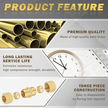 Brass Tube Pipe Compression Fitting, 10 Pcs 1/4" Tube OD x 1/4" Tube OD Ice Maker Water Line Compression Union Connector & 10 PCS Compression Sleeves Ferrules - size: 10Pcs-1/4" Union