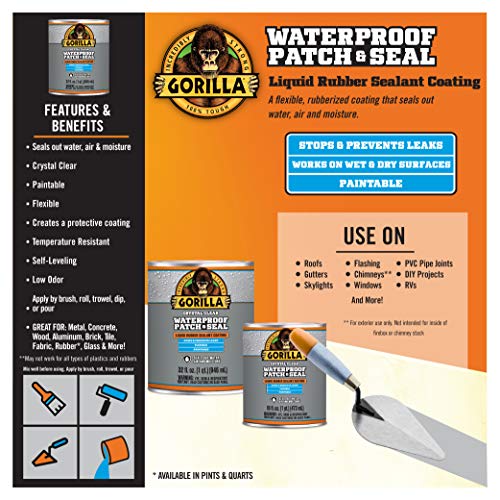 Gorilla Patch & Seal Liquid Rubber Waterproof Sealant, Crystal Clear, 32 Ounce (Pack of 1) - Seals Out Water, Air, and Moisture - color: Clear, size: 1 - Pack