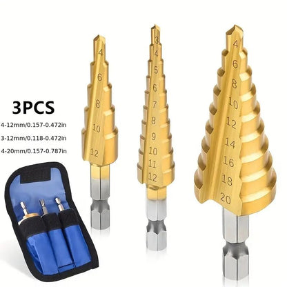 3Pcs Step Drill Bit Set Titanium Coated for Sheet Metal Hole Drilling Cutting Multi Size Hole Stepped Up for DIY Lovers