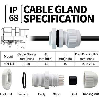 3/8 in. NPT Cable Glands, IP68, Nylon PA66, Gray, 50 Pack - color: Gray, size: 3/8"-50pcs