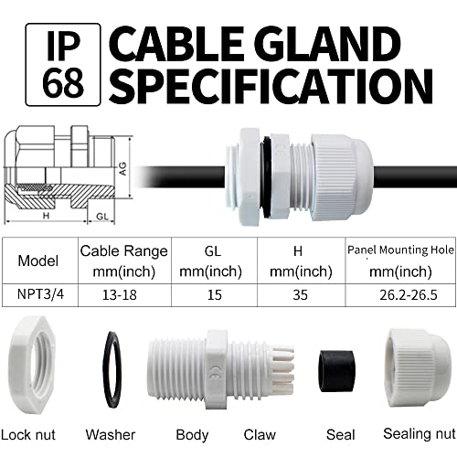 3/8 in. NPT Cable Glands, IP68, Nylon PA66, Gray, 50 Pack - color: Gray, size: 3/8"-50pcs