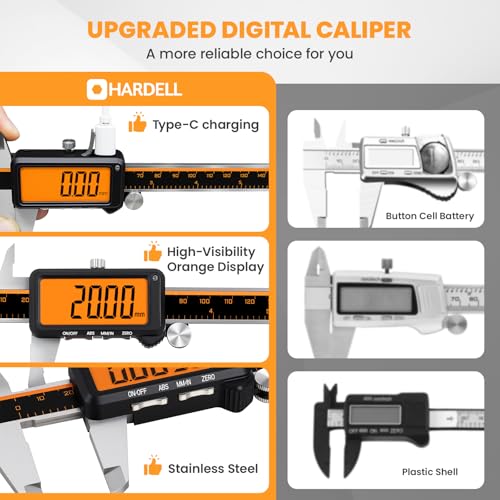 HARDELL Digital Caliper 6" USB-C – Anti-Glare Orange Screen(No Backlight)