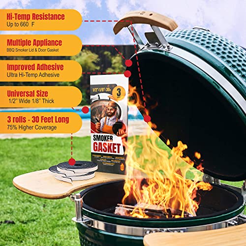 XXL 30 FT Grill Gasket for Smokers - Black 1/2’’ x 1/8’’ Hi Temp Seal Smoker Gasket – 3-Pack x 10 FT Self Stick Black Nomex Fire Tape for BBQ Lid – High Heat Temperature Material Replace - style: Universal Gasket - 30 FT