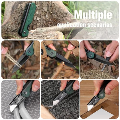 WORKPRO 2-in-1 Folding Knife/Utility Knife, Quick-Change Box Cutter with Belt Clip, Liner Lock, and G10 Handle, Extra 10 SK5 Blades Included, Green - color: Green G10